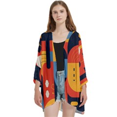 Abstract Pattern Open Front 3/4 Sleeve Batwing Chiffon Cardigan Kimono by Bedest