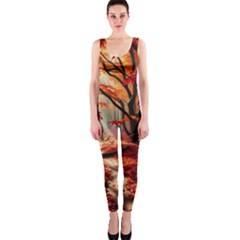 Forest Path Red Nature One Piece Catsuit