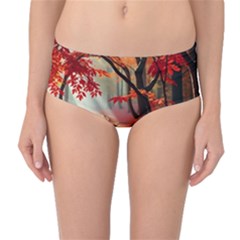 Forest Path Red Nature Mid-waist Bikini Bottoms