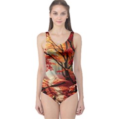 Forest Path Red Nature One Piece Swimsuit