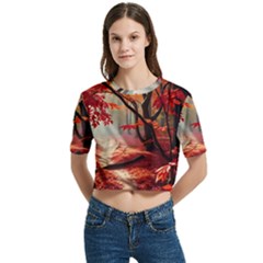 Forest Path Red Nature Women s Round Neck Short Sleeve Crop Top