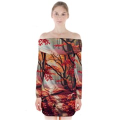 Forest Path Red Nature Long Sleeve Off Shoulder Dress