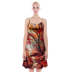 Forest Path Red Nature Spaghetti Strap Velvet Dress