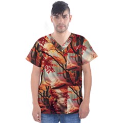 Forest Path Red Nature Men s V-neck Scrub Top