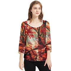 Forest Path Red Nature Chiffon Quarter Sleeve Blouse by Bedest