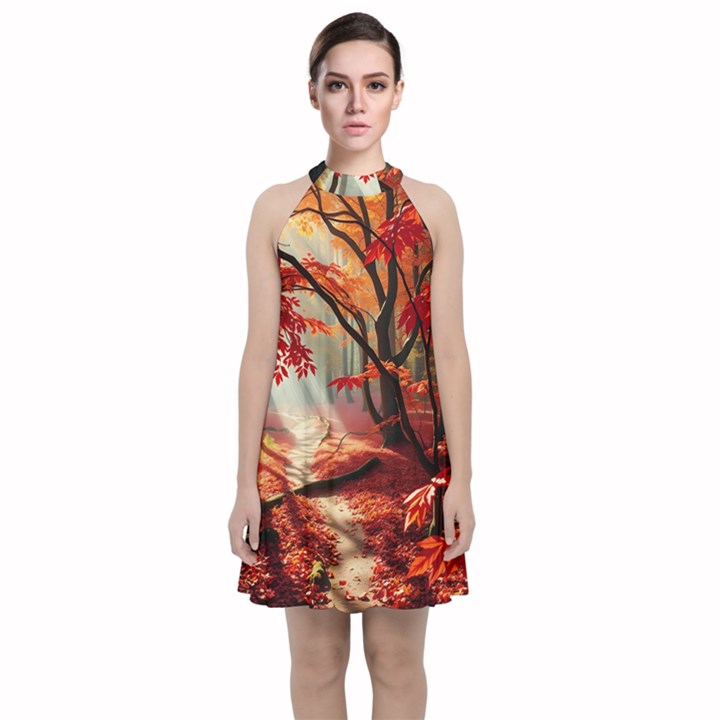 Forest Path Red Nature Velvet Halter Neckline Dress 