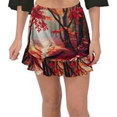 Forest Path Red Nature Fishtail Mini Chiffon Skirt