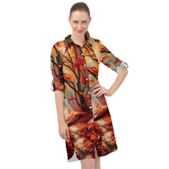 Forest Path Red Nature Long Sleeve Mini Shirt Dress