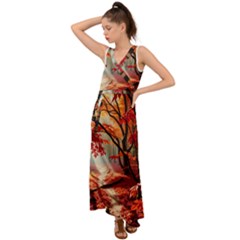 Forest Path Red Nature V-neck Chiffon Maxi Dress