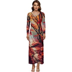 Forest Path Red Nature Long Sleeve Longline Maxi Dress