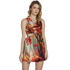 Forest Path Red Nature Sleeveless High Waist Mini Dress