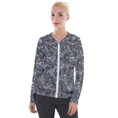 Geologic Marine Life Motif Black And White Print Velvet Zip Up Jacket