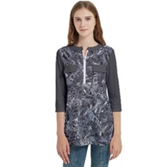 B Geologic Marine Life Motif Black And White Print Women s Zip Front V-neck 3/4 Sleeve Casual Top Pocket Shirt