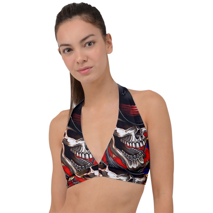 Confederate Flag Usa America United States Csa Civil War Rebel Dixie Military Poster Skull Halter Plunge Bikini Top