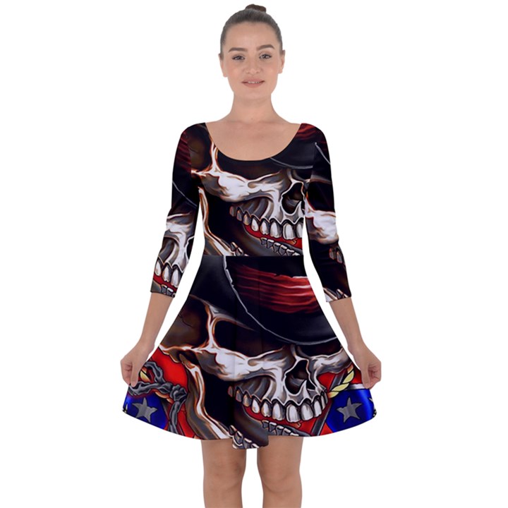 Confederate Flag Usa America United States Csa Civil War Rebel Dixie Military Poster Skull Quarter Sleeve Skater Dress