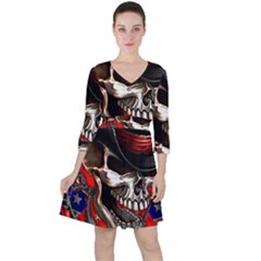 Confederate Flag Usa America United States Csa Civil War Rebel Dixie Military Poster Skull Quarter Sleeve Ruffle Waist Dress by Ket1n9