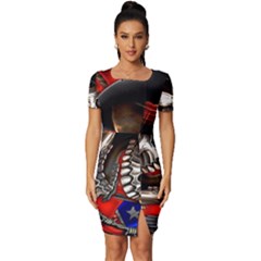 Confederate Flag Usa America United States Csa Civil War Rebel Dixie Military Poster Skull Fitted Knot Split End Bodycon Dress by Ket1n9