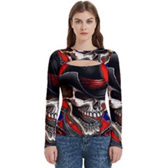 Confederate Flag Usa America United States Csa Civil War Rebel Dixie Military Poster Skull Women s Cut Out Long Sleeve T-shirt by Ket1n9