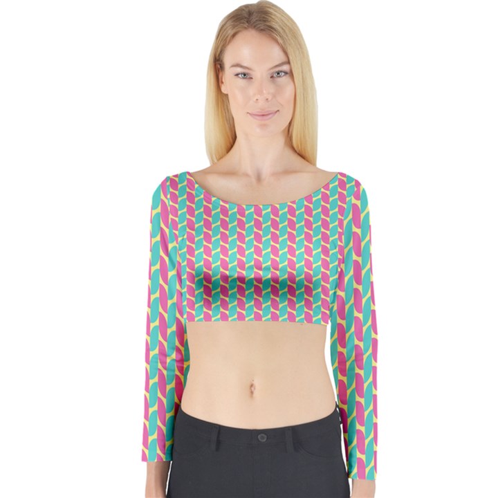 Yellow Blue Pattern Long Sleeve Crop Top