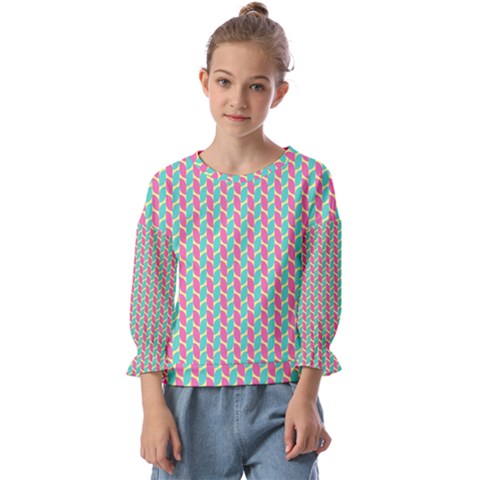 Yellow Blue Pattern Kids  Cuff Sleeve Top by ytdream