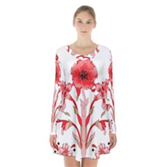 A Design Of A Red Flower On A White Background Long Sleeve Velvet V-neck Dress