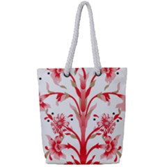 A Drawing Of A Red Flower And Leaves On A White Background Full Print Rope Handle Tote (small) by catchydesignhill