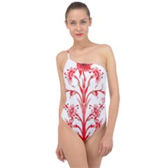 A Drawing Of A Red Flower And Leaves On A White Background Classic One Shoulder Swimsuit by catchydesignhill