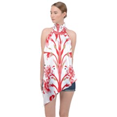 A Drawing Of A Red Flower And Leaves On A White Background Halter Asymmetric Satin Top by catchydesignhill