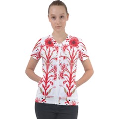 A Drawing Of A Red Flower And Leaves On A White Background Short Sleeve Zip Up Jacket by catchydesignhill