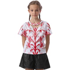 A Drawing Of A Red Flower And Leaves On A White Background Kids  Front Cut T-shirt by catchydesignhill