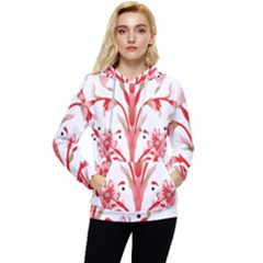 A Drawing Of A Red Flower And Leaves On A White Background Women s Lightweight Drawstring Hoodie