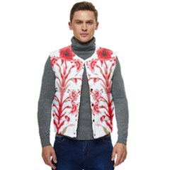 A Drawing Of A Red Flower And Leaves On A White Background Men s Button Up Puffer Vest	