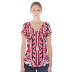 A Design Of A Red And White Pattern Short Sleeve Front Detail Top by catchydesignhill