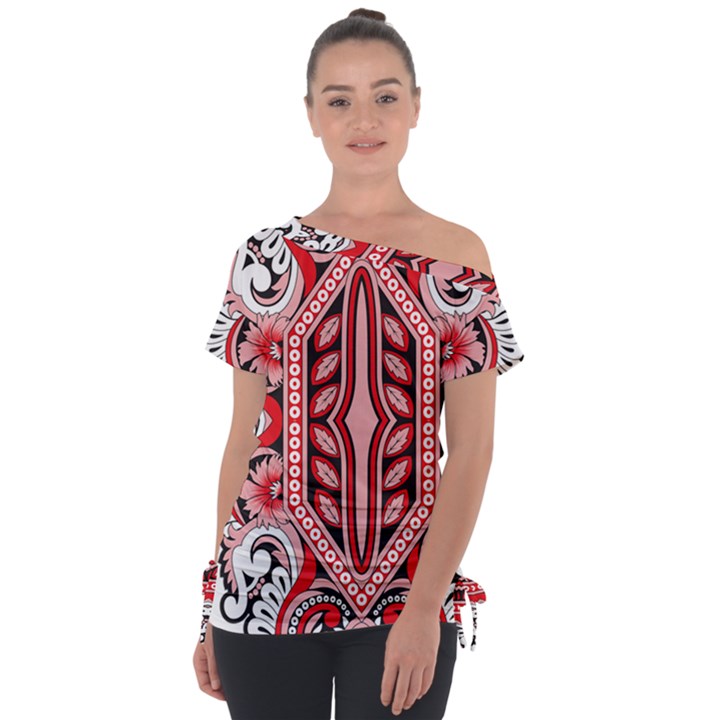 A Design Of A Red And White Pattern Off Shoulder Tie-Up T-Shirt