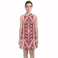 A Design Of A Red And White Pattern Velvet Halter Neckline Dress 