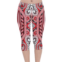 A Design Of A Red And White Pattern Velvet Capri Leggings  by catchydesignhill