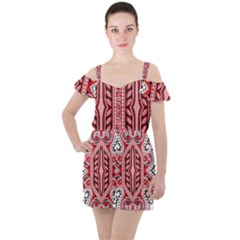 A Design Of A Red And White Pattern Ruffle Cut Out Chiffon Playsuit by catchydesignhill