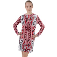 A Design Of A Red And White Pattern Long Sleeve Hoodie Dress