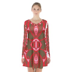 A Red And Brown Design On A White Background Long Sleeve Velvet V-neck Dress