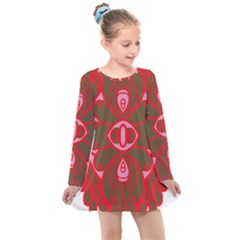 A Red And Brown Design On A White Background Kids  Long Sleeve Dress by catchydesignhill