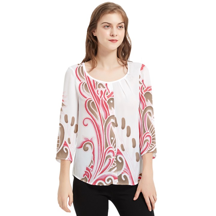 A Drawing Of A Bird With Flowers On It Chiffon Quarter Sleeve Blouse