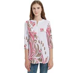 A Drawing Of A Bird With Flowers On It Women s Zip Front V-neck 3/4 Sleeve Casual Top Pocket Shirt