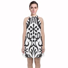 A Black And White Image Of An Ornate Design Velvet Halter Neckline Dress 