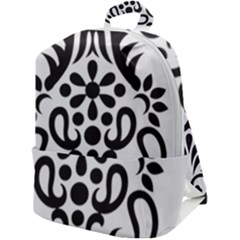 A Black And White Image Of An Ornate Design Zip Up Backpack by catchydesignhill