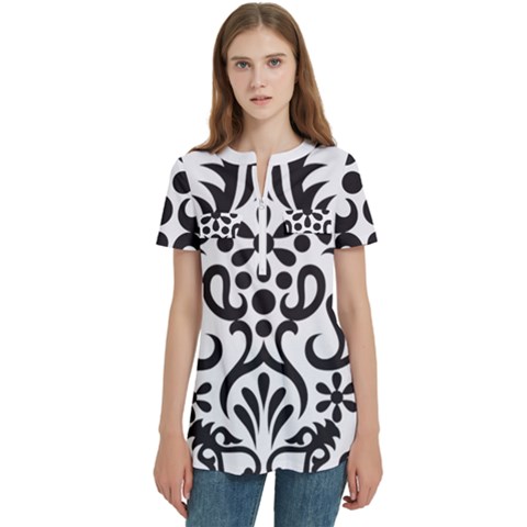 A Black And White Image Of An Ornate Design Women s Zip Front V-neck Short Sleeve Casual Top Pocket Shirt by catchydesignhill