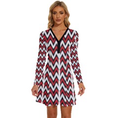 A Red And Black Zigzag Pattern On A White Background Long Sleeve Deep V Mini Dress  by catchydesignhill