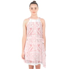 A Pink And White Abstract Design On A White Background Halter Collar Waist Tie Chiffon Dress