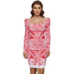 A Red And White Image Of A Pattern On A White Background Women Long Sleeve Ruched Stretch Jersey Dress by catchydesignhill