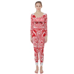 A Red And White Image Of A Pattern On A White Background Long Sleeve Catsuit by catchydesignhill