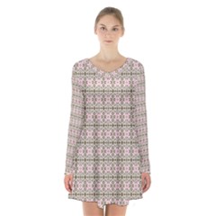 A Pink And Brown Pattern On A White Background Long Sleeve Velvet V-neck Dress